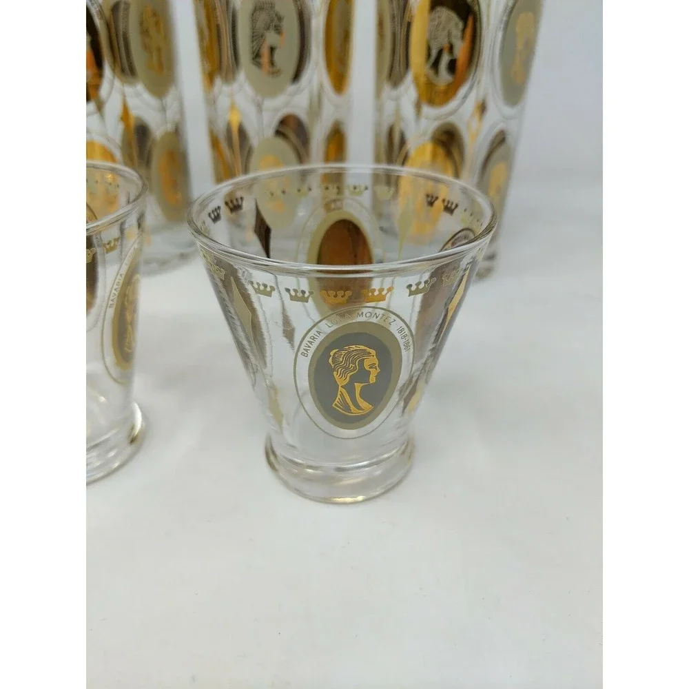 Gold Queen Women Portrait Highball Mid Century MCM Cosmopolitan Bar‎ Glasses VTG